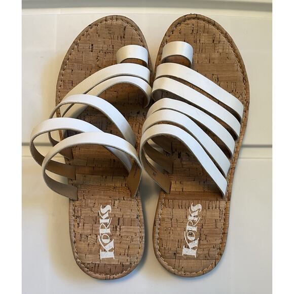 Korks Sandals Women's 8 M White Faux Leather Strappy Toe Ring Flat Cork Khela20 - Picture 3 of 9